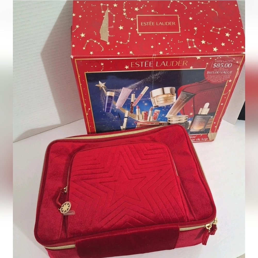 Estee Lauder Red Velvet Star Train Case Cosmetic Travel Bag Gold Toned Hardware